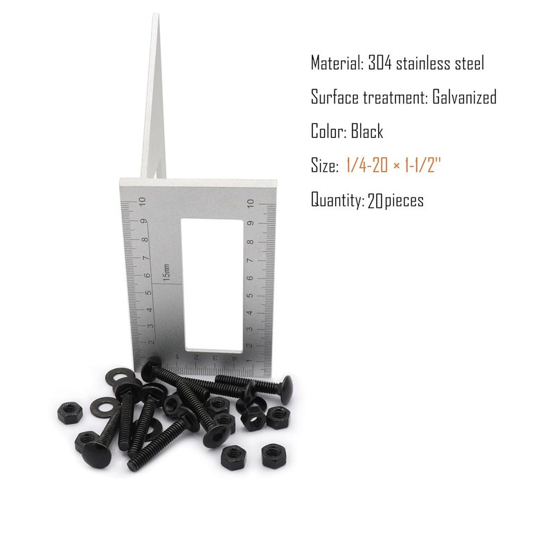 SCXCLY 20 Sets Carriage Bolts Screws, (1/4-20 x 1-1/2") Round Head, Square Neck, with (Hex Nuts & Flat Washers), 304 Stainless Steel, Galvanizing (Black) - Image 2